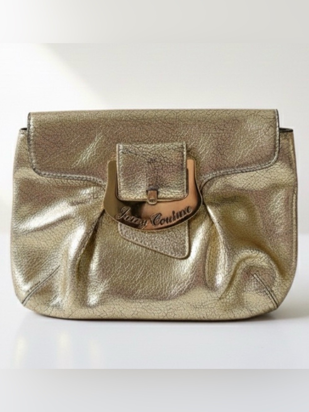 Vintage Juicy Couture Metallic Gold Leather Flap Clutch – Hot Pink Lining Y2K